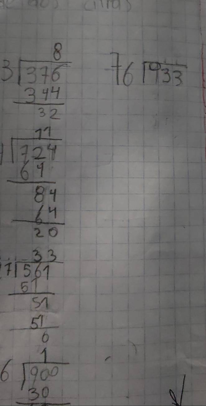 cl1rdD
beginarrayr 8 3encloselongdiv 376 344 hline 32endarray 76sqrt(933)
frac beginarrayr 132 1324 67 hline 6 -14 hline 21endarray 
beginarrayr 95 33/54 571 frac 07 0endarray  frac 7  5/6 
beginarrayr 1 6encloselongdiv 900 30 hline endarray