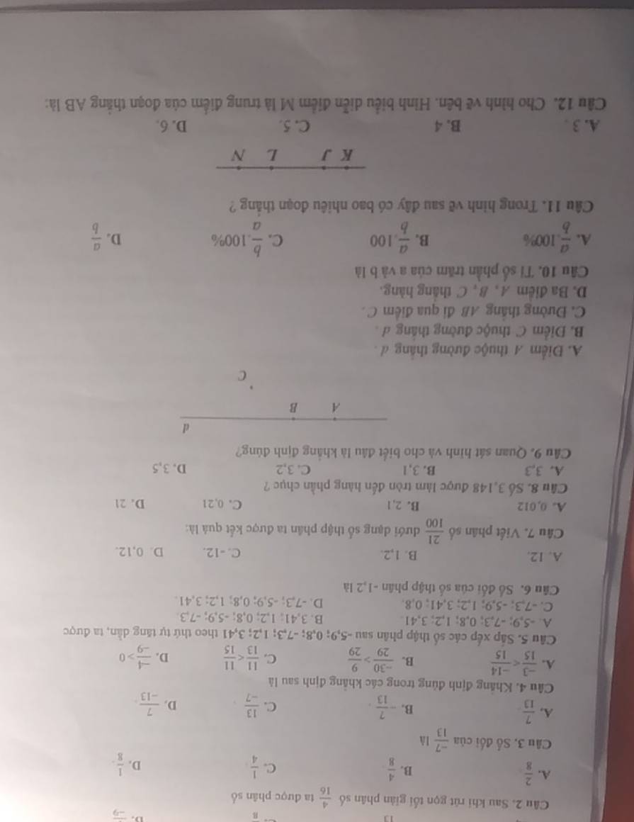 11
B
D. frac -9
Câu 2. Sau khi rút gọn tối giản phân số  4/16  ta được phân số
A.  2/8   4/8 
B.
C.  1/4   1/8 .
D.
Câu 3. Số đối của  (-7)/13  là
A.  7/13  - 7/13 .  13/-7  D.  7/-13 
B.
C.
Câu 4. Khăng định đủng trong các khẳng định sau là
A.  (-3)/15  B.  (-30)/29 > 9/29  C.  11/13  D.  (-4)/-9 >0
Câu 5. Sắp xếp các số thập phân sau -5,9; 0,8; -7,3; 1,2; 3,41 theo thứ tự tăng dẫn, ta được
A. -5,9; -7,3; 0,8; 1,2; 3,41. B. 3,41; 1,2; 0,8; -5,9; -7,3
C. -7,3; -5,9; 1,2; 3,41; 0,8. D. -7,3; -5,9; 0,8; 1,2; 3,41.
Câu 6. Số đối của số thập phân -1,2 là
A. 12. B. 1,2. C. -12. D. 0,12.
Câu 7. Viết phân số  21/100  đưới dạng số thập phân ta được kết quả là:
A. 0,012 B. 2,1 C. 0,21 D. 21
Câu 8. Số 3,148 được làm tròn đến hàng phần chục ?
A. 3,3 B. 3,1 C. 3,2 D. 3,5
Câu 9. Quan sát hình và cho biết đâu là khẳng định đúng?
d
A B
C
A. Điểm A thuộc đường thắng d.
B Điểm C thuộc đường thắng d .
C. Đường thắng AB đi qua điểm C.
D. Ba điểm A , 8, C thắng hàng.
Câu 10. Tỉ số phần trăm của a và b là
B.
C.
A.  a/b .100%  a/b .100  b/a .100% D.  a/b 
Câu 11. Trong hình vẽ sau đây có bao nhiêu đoạn thắng ?
K J L N
A. 3 . B. 4 C. 5. D. 6.
Cầu 12. Cho hình vẽ bên. Hình biểu diễn điểm M là trung điểm của đoạn thắng AB là: