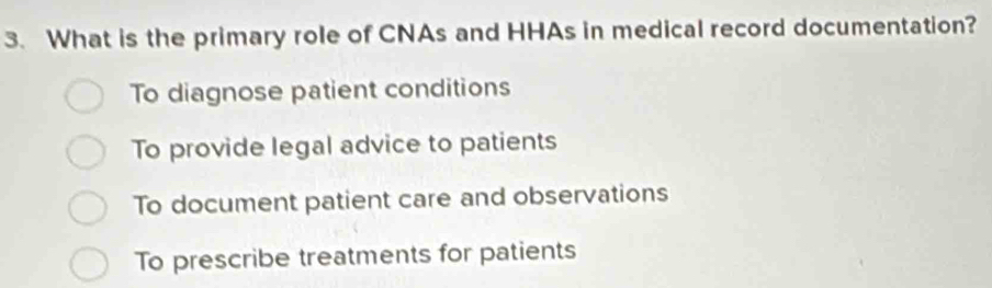 What is the primary role of CNAs and HHAs in medical record documentation?
To diagnose patient conditions
To provide legal advice to patients
To document patient care and observations
To prescribe treatments for patients