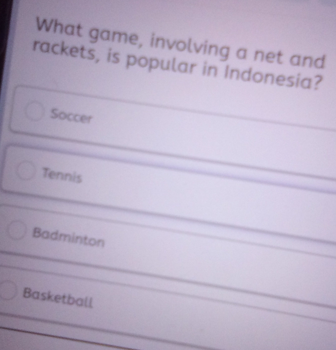 What game, involving a net and
rackets, is popular in Indonesia?
Soccer
Tennis
Badminton
Basketball