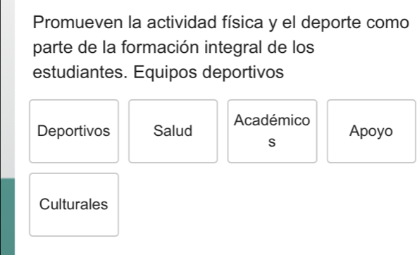 Promueven la actividad física y el deporte como
parte de la formación integral de los
estudiantes. Equipos deportivos
Deportivos Salud Académico
Apoyo
s
Culturales