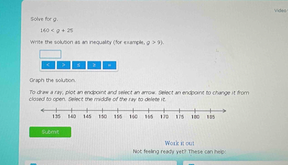 Video 
Solve for g.
160
Write the solution as an inequality (for example, g>9). 
> s z =
Graph the solution. 
To draw a ray, plot an endpoint and select an arrow. Select an endpoint to change it from 
closed to open. Select the middle of the ray to delete it. 
Submit 
Work it out 
Not feeling ready yet? These can help: