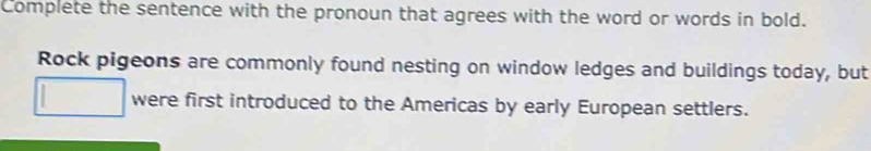 Complete the sentence with the pronoun that agrees with the word or words in bold. 
Rock pigeons are commonly found nesting on window ledges and buildings today, but 
were first introduced to the Americas by early European settlers.
