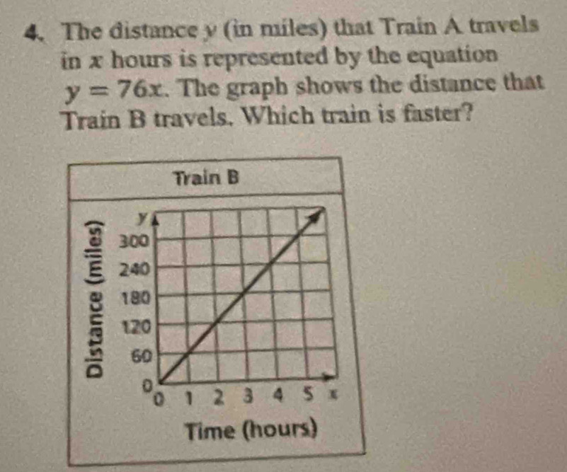 The distance y (in miles) that Train A travels 
in x hours is represented by the equation
y=76x. The graph shows the distance that 
Train B travels. Which train is faster? 
Train B 
8 
Time (hours)