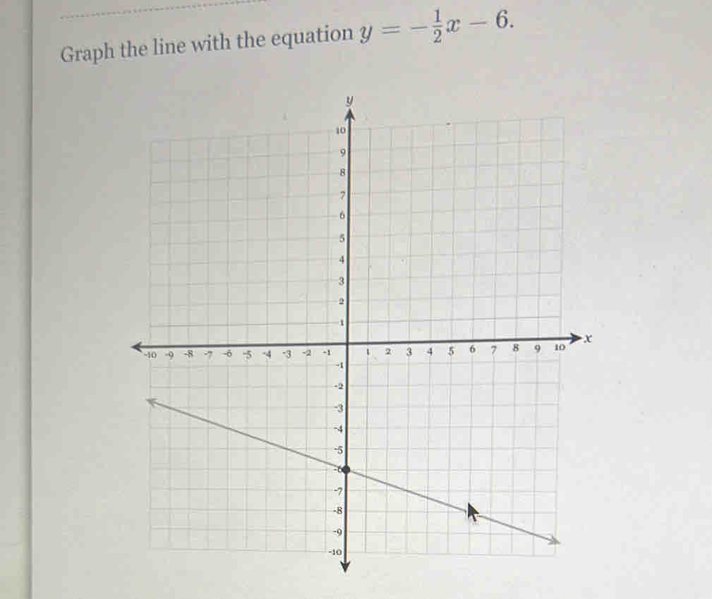 Graph the line with the equation y=- 1/2 x-6.