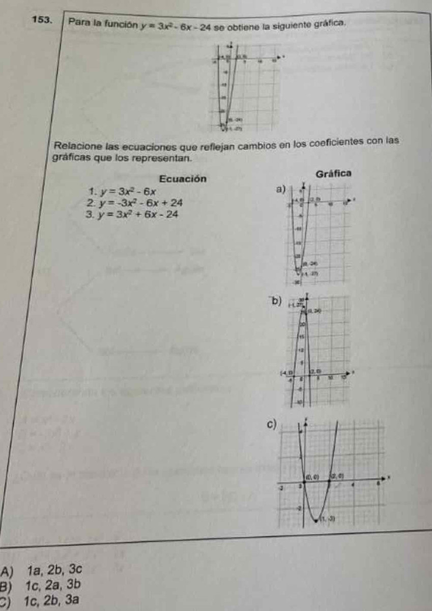 Para la función y=3x^2-6x-24 se obtiene la siguiente gráfica,
4
.
.
,
a
3
 2
Relacione las ecuaciones que reflejan cambios en los coeficientes con las
gráficas que los representan.
Ecuación 
1. y=3x^2-6x
2. y=-3x^2-6x+24
3. y=3x^2+6x-24
b
A) 1a, 2b, 3c
B) 1c, 2a, 3b
C) 1c, 2b, 3a