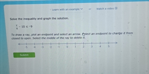 Learn with an example of Watch a video 
Solve the inequality and graph the solution.
 v/4 -10≤ -9
To draw a ray, plot an endpoint and select an arrow. "lect an endpoint to change it from 
closed to open. Select the middle of the ray to delete it. 
Submit