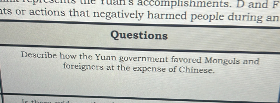 cits the ruan's accomplishments. D and F 
nts or actions that negatively harmed people during an 
Questions 
Describe how the Yuan government favored Mongols and 
foreigners at the expense of Chinese.