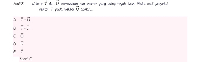 Soal 38) Vektor vector T dan vector U merupakan dua vektor yang saling tegak lurus. Maka hasil proyeksi
vektor vector T pada vektor vector U adalah...
A vector T-vector U
B. vector T+vector U
C. vector O
D. vector U
E. vector T
Kunci C