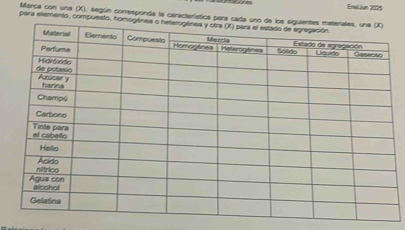 ae Enalum 2025 
Marca con una (X), según corresponda la característica para c 
para elemento, compuesto,