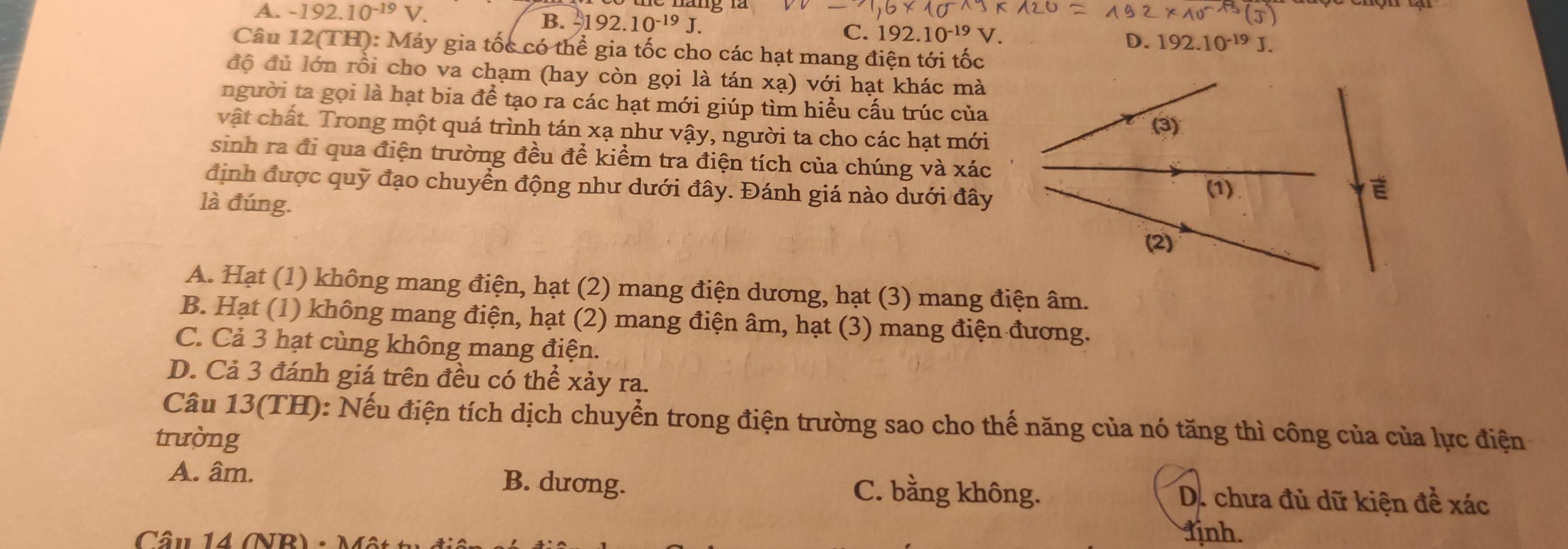 A. -192. 10^(-19)V
B. -192.10^(-19)J. C. 192 10^(-19) D. 192.10^(-19)J.
Câu 12(TH): Máy gia tốc có thể gia tốc cho các hạt mang điện tới tốc
độ đủ lớn rồi cho va chạm (hay còn gọi là tán xạ) với hạt khác mà
người ta gọi là hạt bia để tạo ra các hạt mới giúp tìm hiểu cấu trúc của
vật chất. Trong một quá trình tán xạ như vậy, người ta cho các hạt mới
sinh ra đi qua điện trường đều đề kiểm tra điện tích của chúng và xác
định được quỹ đạo chuyển động như dưới đây. Đánh giá nào dưới đây
là đúng.
A. Hạt (1) không mang điện, hạt (2) mang điện dương, hạt (3) mang điện âm.
B. Hạt (1) không mang điện, hạt (2) mang điện âm, hạt (3) mang điện đương.
C. Cả 3 hạt cùng không mang điện.
D. Cả 3 đánh giá trên đều có thể xảy ra.
Câu 13(TH): Nếu điện tích dịch chuyển trong điện trường sao cho thế năng của nó tăng thì công của của lực điện
trường
A. âm. B. dương. C. bằng không. D. chưa đủ dữ kiện đề xác
Câu 14 (NB) - Một 1 1ịnh.