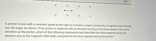 × × × × 
× × × × 
A proton moves with a constant speed to the right as it enters a region containing a magnetic field directed 
into the page, as shown. If the proton is replaced with an electron moving at the same speed in the same 
direction as the proton, which of the following statements best describes the force experienced by the 
electron due to the magnetic field when compared to the force experienced by the proton?