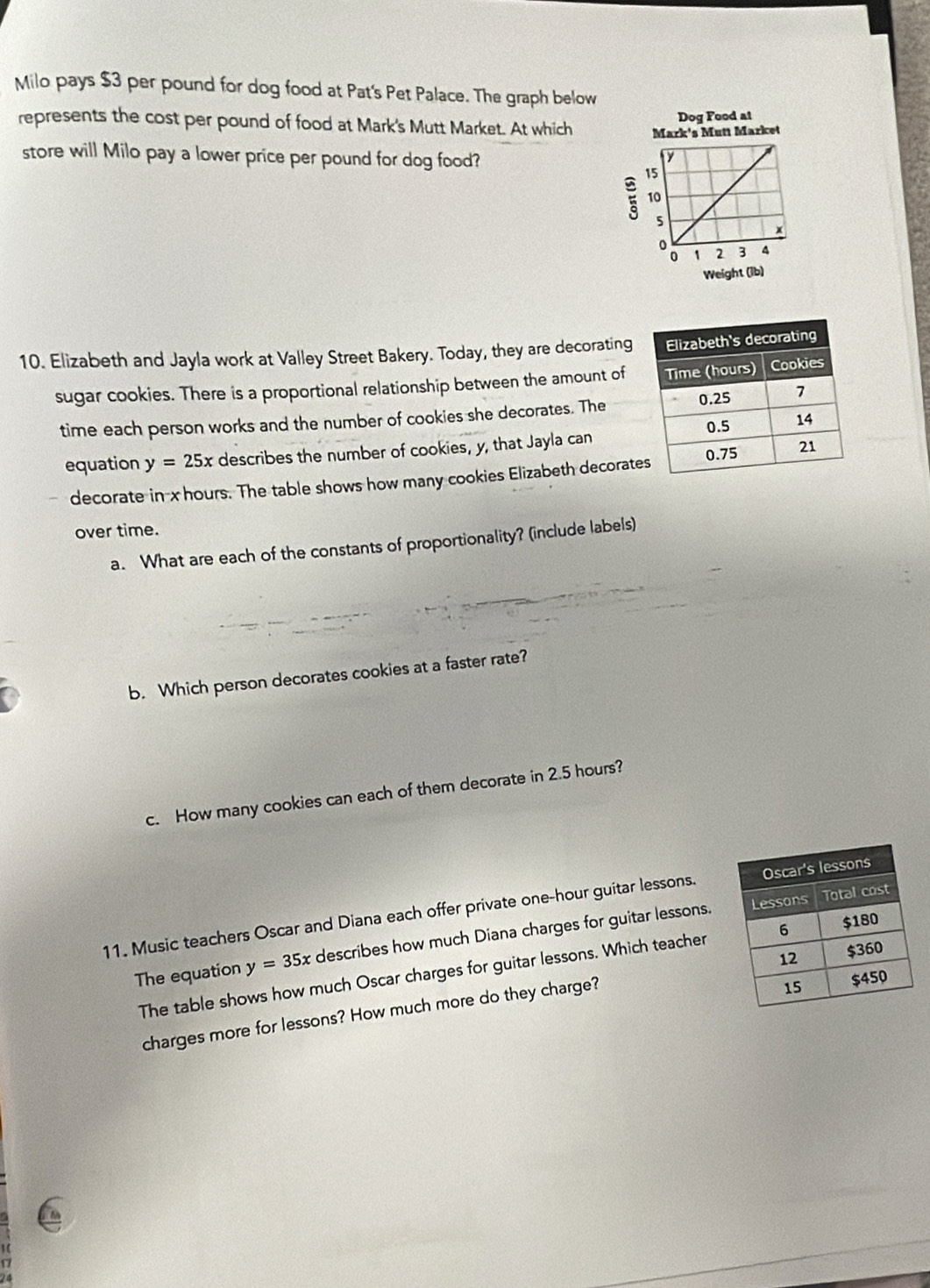 Milo pays $3 per pound for dog food at Pat's Pet Palace. The graph below
Dog Food at
represents the cost per pound of food at Mark's Mutt Market. At which Mark's Mutt Market
store will Milo pay a lower price per pound for dog food?
Weight (lb)
10. Elizabeth and Jayla work at Valley Street Bakery. Today, they are decorating
sugar cookies. There is a proportional relationship between the amount of
time each person works and the number of cookies she decorates. The
equation y=25x describes the number of cookies, y, that Jayla can
decorate in x hours. The table shows how many cookies Elizabeth decorate
over time.
a. What are each of the constants of proportionality? (include labels)
b. Which person decorates cookies at a faster rate?
c. How many cookies can each of them decorate in 2.5 hours?
11. Music teachers Oscar and Diana each offer private one-hour guitar lessons.
The equation y=35x describes how much Diana charges for guitar lessons.
The table shows how much Oscar charges for guitar lessons. Which teacher
charges more for lessons? How much more do they charge? 
17