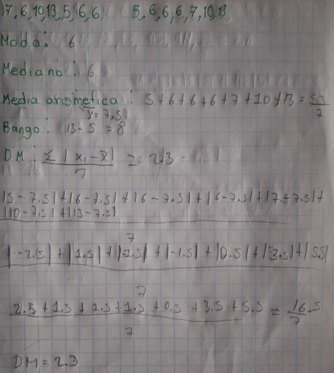 1, 6, 10, 18, 516, 6 56, 6 6, 9, 10 8 
Molda. 6 
Mediana: 6 
Media ansmetica! 5+6+6+6+7+10+13= 53/2 
overline x=7.57
Bango. 13-5=8
DM. frac sumlimits |x_i-overline x|7=2|3-0.5|
|5-7.5|+|6-7.5|+|6-7.5|+|6-7.5|+|7.57.5|+
|10-7.5|+|13-7.5|
|-2.5|+|1.5|+|1.5|+|-1.5|+|0.5|+|3.5|+|5.5|
 (2.5+1.5+2.5+1.5+0.5+3.5+5.5)/7 = (16.5)/7 
DM=2.3