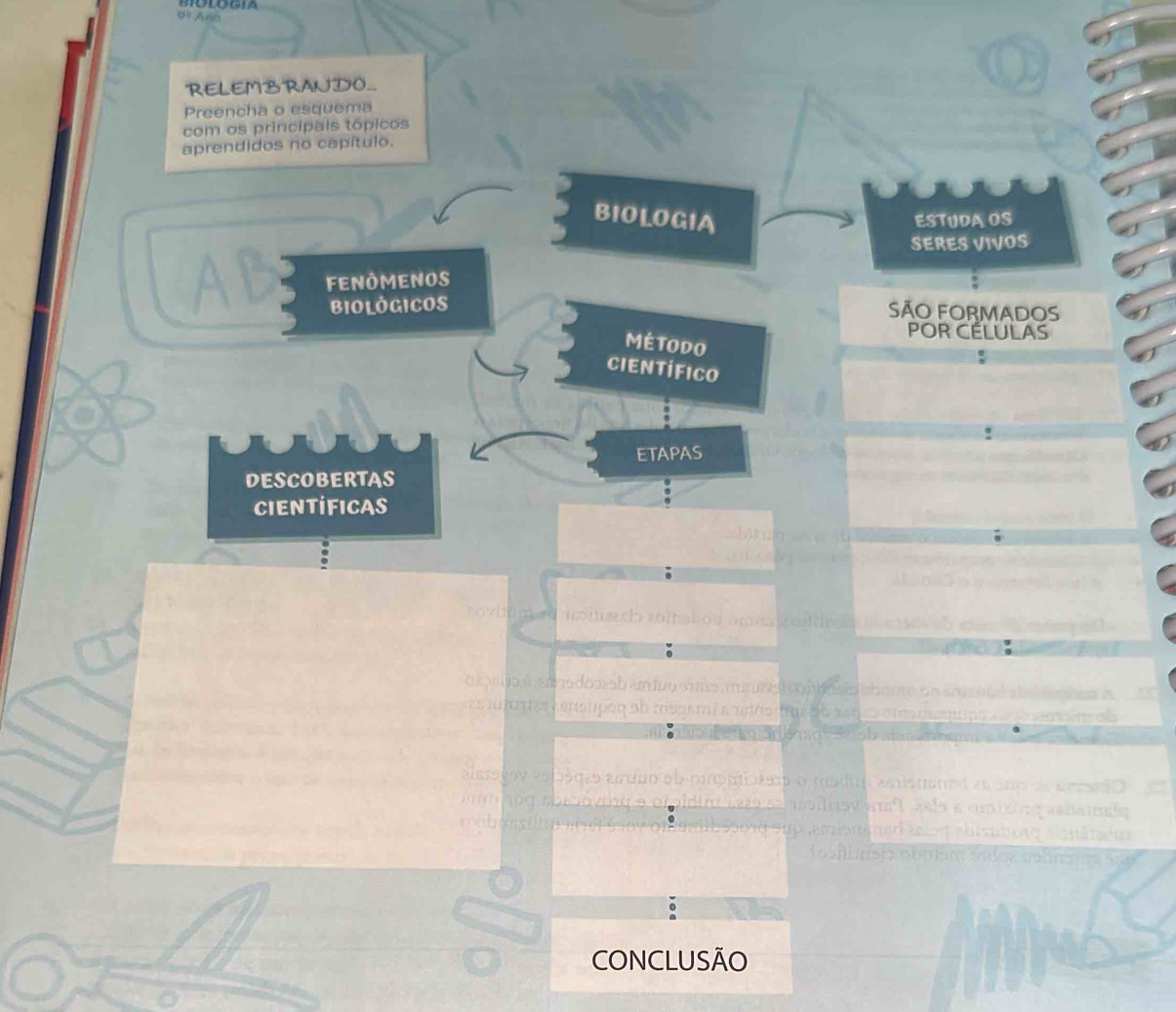 A 
RELEMBRANDO.. 
Preencha o esquema 
com os principais tópicos 
aprendidos no capítulo. 
BIOLOGIA ESTUDA OS 
SERES VIVOS 
fenômenos 
Biologicos SÃO FORMADOS 
POR CÉLULAS 
Método 
CIentífico 
ETAPAS 
DESCOBERTAS 
CIENTIFICAS 
m 
T 
CONCLUSÃO