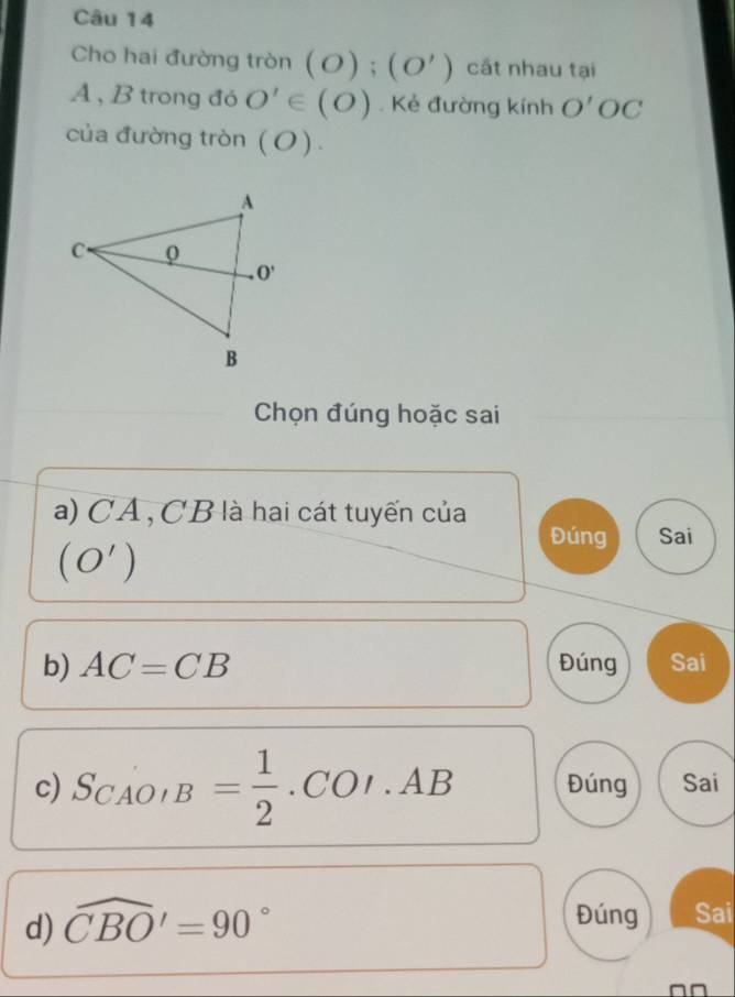 Cho hai đường tròn (O);(O') cất nhau tại
A , B trong đó O'∈ (O). Kẻ đường kính O'OC
của đường tròn ( O ) .
Chọn đúng hoặc sai
a) CA , CB là hai cát tuyến của
(O')
Đúng Sai
b) AC=CB Đúng Sai
c) S_CAOIB= 1/2 · COI· AB Đúng Sai
Đúng
d) widehat CBO'=90° Sai
^□