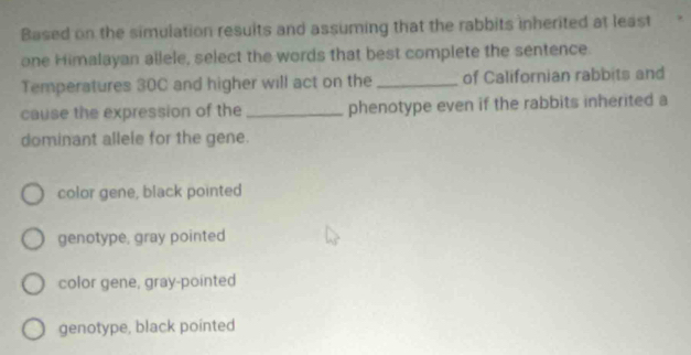 Based on the simulation resuits and assuming that the rabbits inherited at least
one Himalayan allele, select the words that best complete the sentence.
Temperatures 30C and higher will act on the _of Californian rabbits and
cause the expression of the _phenotype even if the rabbits inherited a
dominant allele for the gene.
color gene, black pointed
genotype, gray pointed
color gene, gray-pointed
genotype, black pointed