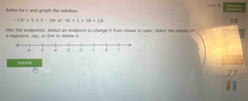 Vides ② Croeaflions 
Solve for r and graph the solution.
-13r+5≤ 5-10r or -5r+1>18+12r 19 
Plot the endpoints. Select an endpoint to change it from closed to open. Select the middle of 
a segment, ray, or line to delete it. 
Submit 
77