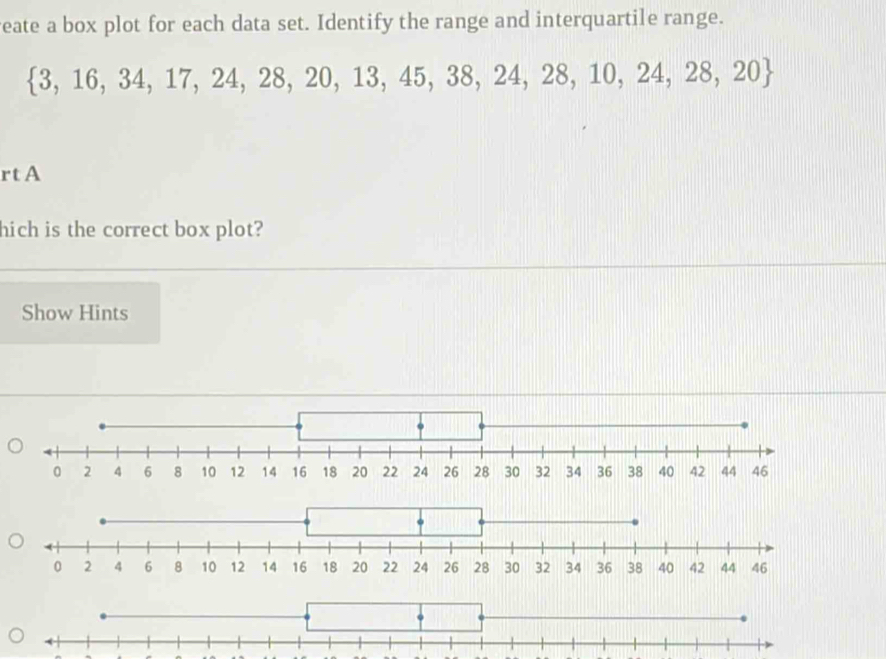 reate a box plot for each data set. Identify the range and interquartile range.
 3,16,34,17,24,28,20,13,45,38,24,28,10,24,28,20
rt A 
hich is the correct box plot? 
Show Hints