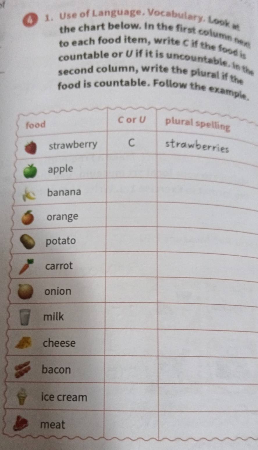 4 1. Use of Language. Vocabulary. Look a 
the chart below. In the first column nex 
to each food item, write C if the food is 
countable or U if it is uncountable. in the 
second column, write the plural if the 
food is countable. Follow the examle.