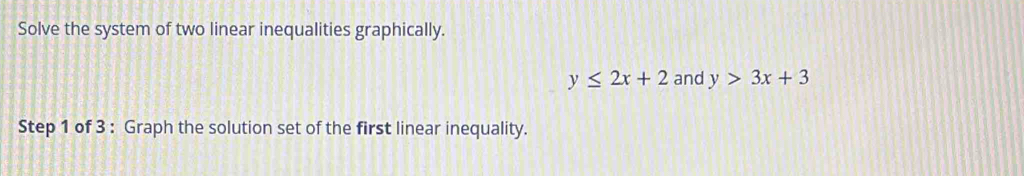 Solve the system of two linear inequalities graphically.
y≤ 2x+2 and y>3x+3
Step 1 of 3 : Graph the solution set of the first linear inequality.