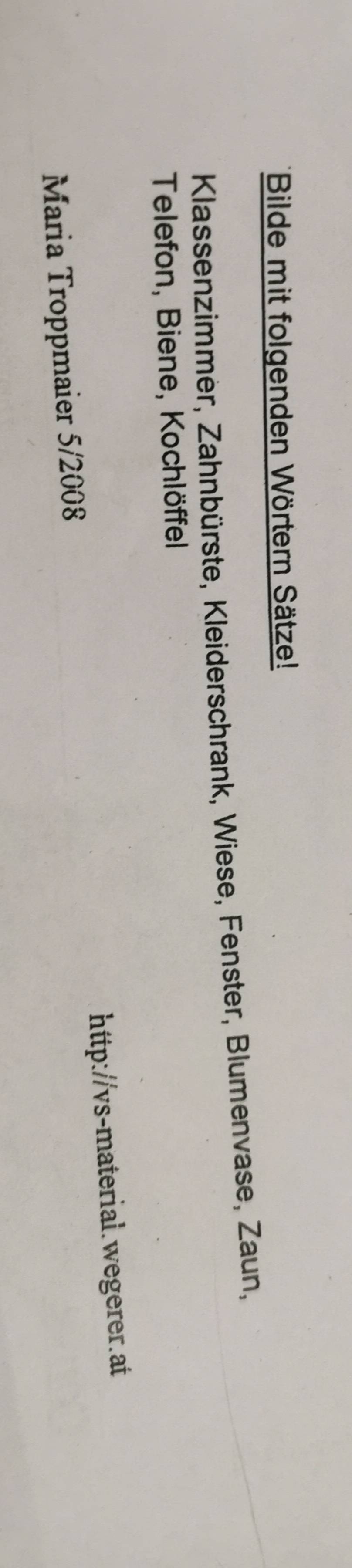 Bilde mit folgenden Wörtern Sätze! 
* Klassenzimmer, Zahnbürste, Kleiderschrank, Wiese, Fenster, Blumenvase, Zaun, 
Telefon, Biene, Kochlöffel 
Maria Troppmaier 5/2008 http://vs-material.wegerer.at