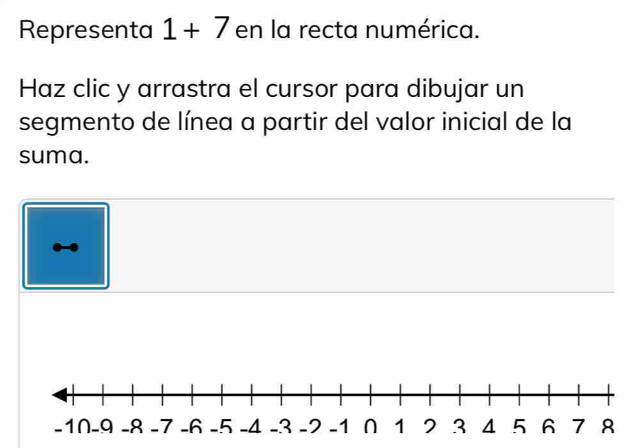 Representa 1+7 en la recta numérica. 
Haz clic y arrastra el cursor para dibujar un 
segmento de línea a partir del valor inicial de la 
suma.