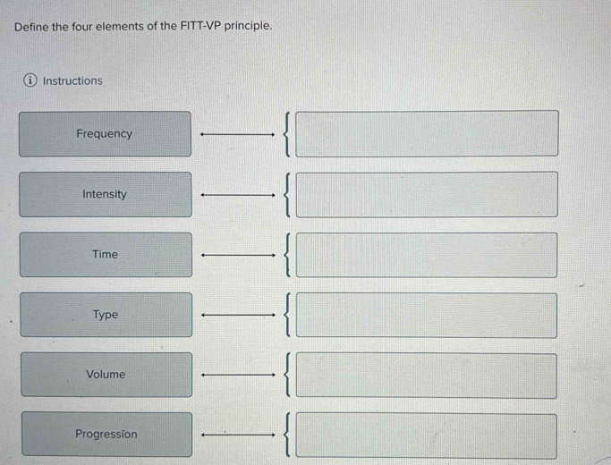 Define the four elements of the FITT-VP principle.
Instructions
Frequency
□°
Intensity
Time
Type
Volume
Progression