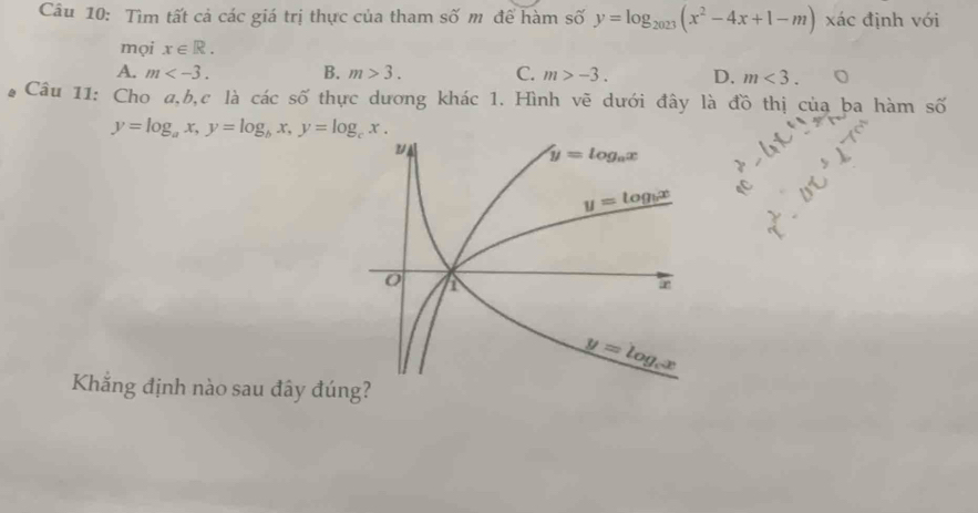 Tìm tất cả các giá trị thực của tham số m để hàm số y=log _2023(x^2-4x+1-m) xác định với
mọi x∈ R.
A. m B. m>3. C. m>-3. D. m<3.
Câu 11: Cho a,b,c là cdot acshat o thực dương khác 1. Hình vẽ dưới đây là đồ thị của ba hàm số
y=log _ax,y=log _bx,y=log _cx.
Khẳng định nào sau đây đú