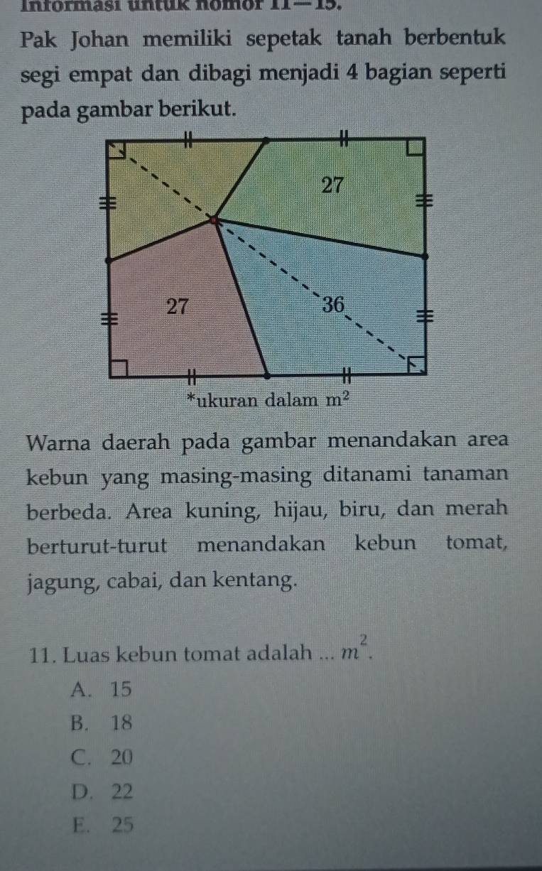 Informasi untuk nomor 11- 15.
Pak Johan memiliki sepetak tanah berbentuk
segi empat dan dibagi menjadi 4 bagian seperti
Warna daerah pada gambar menandakan area
kebun yang masing-masing ditanami tanaman
berbeda. Area kuning, hijau, biru, dan merah
berturut-turut menandakan kebun tomat,
jagung, cabai, dan kentang.
11. Luas kebun tomat adalah ... m^2.
A. 15
B. 18
C. 20
D. 22
E. 25