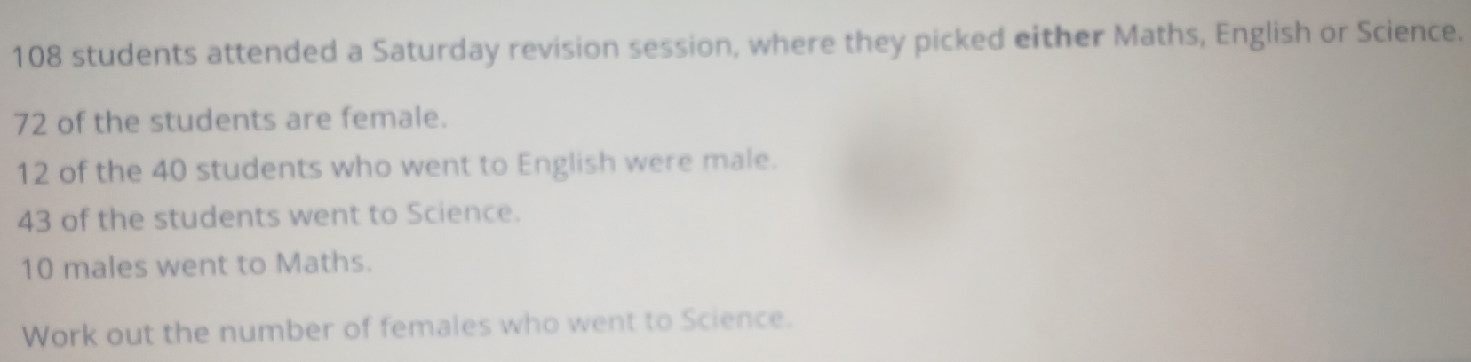 108 students attended a Saturday revision session, where they picked either Maths, English or Science.
72 of the students are female.
12 of the 40 students who went to English were male.
43 of the students went to Science.
10 males went to Maths. 
Work out the number of females who went to Science.