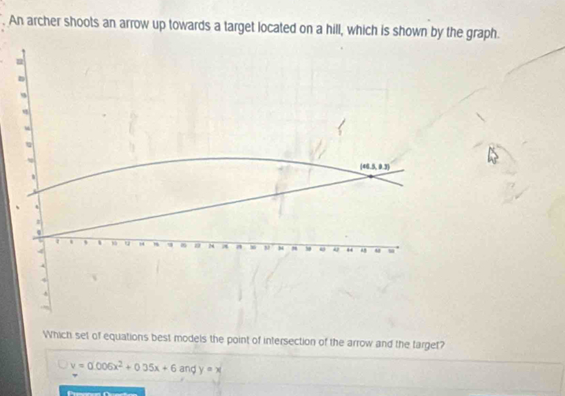 An archer shoots an arrow up towards a target located on a hill, which is shown by the graph.
Which set of equations best models the point of intersection of the arrow and the target?
v=0.006x^2+0.35x+6 and y=x
Precó