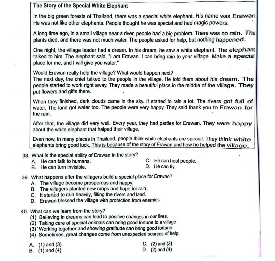 The Story of the Special White Elephant
In the big green forests of Thailand, there was a special white elephant. His name was Erawan
He was not like other elephants. People thought he was special and had magic powers.
A long time ago, in a small village near a river, people had a big problem. There was no rain. The
plants died, and there was not much water. The people asked for help, but nothing happened.
One night, the village leader had a dream. In his dream, he saw a white elephant. The elephant
talked to him. The elephant said, "I am Erawan. I can bring rain to your village. Make a special
place for me, and I will give you water."
Would Erawan really help the village? What would happen next?
The next day, the chief talked to the people in the village. He told them about his dream. The
people started to work right away. They made a beautiful place in the middle of the village. They
put flowers and gifts there.
When they finished, dark clouds came in the sky. It started to rain a lot. The rivers got full of
water. The land got water too. The people were very happy. They said thank you to Erawan for
the rain.
After that, the village did very well. Every year, they had parties for Erawan. They were happy
about the white elephant that helped their village.
Even now, in many places in Thailand, people think white elephants are special. They think white
elephants bring good luck. This is because of the story of Erawan and how he helped the village.
38. What is the special ability of Erawan in the story?
A. He can talk to humans. C. He can heal people.
B. He can turn invisible. D. He can fly.
39. What happens after the villagers build a special place for Erawan?
A. The village become prosperous and happy.
B. The villagers planted new crops and hope for rain.
C. It started to rain heavily, filling the rivers and land.
D. Erawan blessed the village with protection from enemies.
40. What can we learn from the story?
(1) Believing in dreams can lead to positive changes in our lives.
(2) Taking care of special animals can bring good fortune to a village
(3) ‘ Working together and showing gratitude can bring good fortune.
(4) Sometimes, great changes come from unexpected sources of help.
A. (1) and (3) C. (2) and (3)
B. (1) and (4) D. (2) and (4)