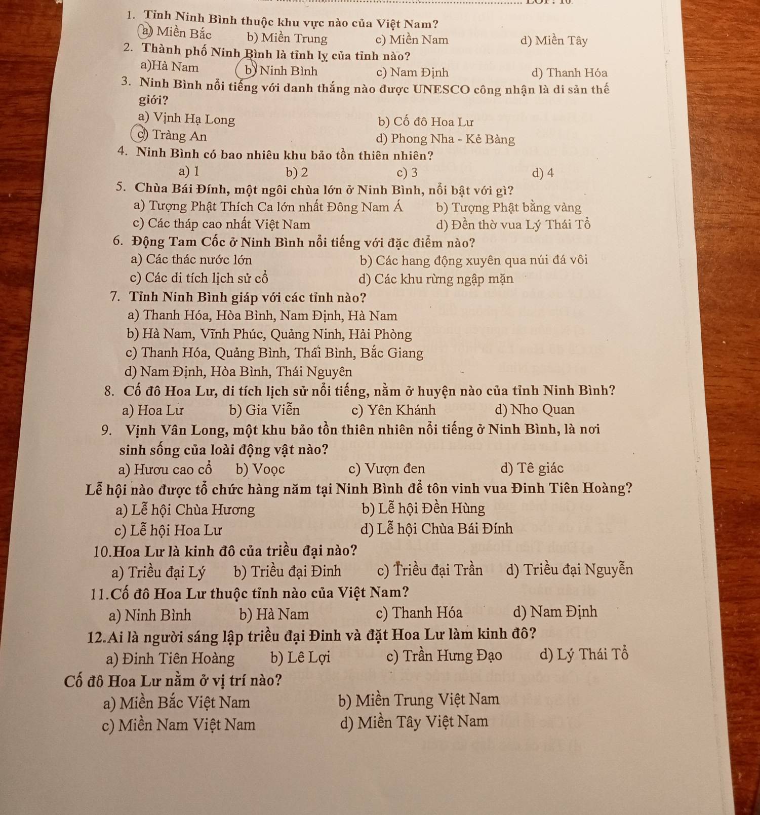Tỉnh Ninh Bình thuộc khu vực nào của Việt Nam?
(a) Miền Bắc b) Miền Trung c) Miền Nam d) Miền Tây
2. Thành phố Ninh Bình là tỉnh lỵ của tỉnh nào?
a)Hà Nam b) Ninh Bình c) Nam Định d) Thanh Hóa
3. Ninh Bình nổi tiếng với danh thắng nào được UNESCO công nhận là di sản thế
giới?
a) Vịnh Hạ Long b) Cố đô Hoa Lư
) Tràng An d) Phong Nha - Kẻ Bàng
4. Ninh Bình có bao nhiêu khu bảo tồn thiên nhiên?
a) 1 b) 2 c) 3 d) 4
5. Chùa Bái Đính, một ngôi chùa lớn ở Ninh Bình, nổi bật với gì?
a) Tượng Phật Thích Ca lớn nhất Đông Nam Á b) Tượng Phật bằng vàng
c) Các tháp cao nhất Việt Nam d) Đền thờ vua Lý Thái Tổ
6. Động Tam Cốc ở Ninh Bình nổi tiếng với đặc điểm nào?
a) Các thác nước lớn b) Các hang động xuyên qua núi đá vôi
c) Các di tích lịch sử cổ d) Các khu rừng ngập mặn
7. Tỉnh Ninh Bình giáp với các tỉnh nào?
a) Thanh Hóa, Hòa Bình, Nam Định, Hà Nam
b) Hà Nam, Vĩnh Phúc, Quảng Ninh, Hải Phòng
c) Thanh Hóa, Quảng Bình, Thầi Bình, Bắc Giang
d) Nam Định, Hòa Bình, Thái Nguyên
8. Cố đô Hoa Lư, di tích lịch sử nổi tiếng, nằm ở huyện nào của tỉnh Ninh Bình?
a) Hoa Lư b) Gia Viễn c) Yên Khánh d) Nho Quan
9. Vịnh Vân Long, một khu bảo tồn thiên nhiên nổi tiếng ở Ninh Bình, là nơi
sinh sống của loài động vật nào?
a) Hươu cao cổ b) Voọc c) Vượn đen d) Tê giác
Lễ hội nào được tổ chức hàng năm tại Ninh Bình đễ tôn vinh vua Đinh Tiên Hoàng?
a) Lễ hội Chùa Hương b) Lễ hội Đền Hùng
c) Lễ hội Hoa Lư d) Lễ hội Chùa Bái Đính
10.Hoa Lư là kinh đô của triều đại nào?
a) Triều đại Lý b) Triều đại Đinh c) Triều đại Trần d) Triều đại Nguyễn
11.Cố đô Hoa Lư thuộc tỉnh nào của Việt Nam?
a) Ninh Bình b) Hà Nam c) Thanh Hóa d) Nam Định
12.Ai là người sáng lập triều đại Đinh và đặt Hoa Lư làm kinh đô?
a) Đinh Tiên Hoàng b) Lê Lợi c) Trần Hưng Đạo d) Lý Thái Tổ
Cố đô Hoa Lư nằm ở vị trí nào?
a) Miền Bắc Việt Nam b) Miền Trung Việt Nam
c) Miền Nam Việt Nam d) Miền Tây Việt Nam