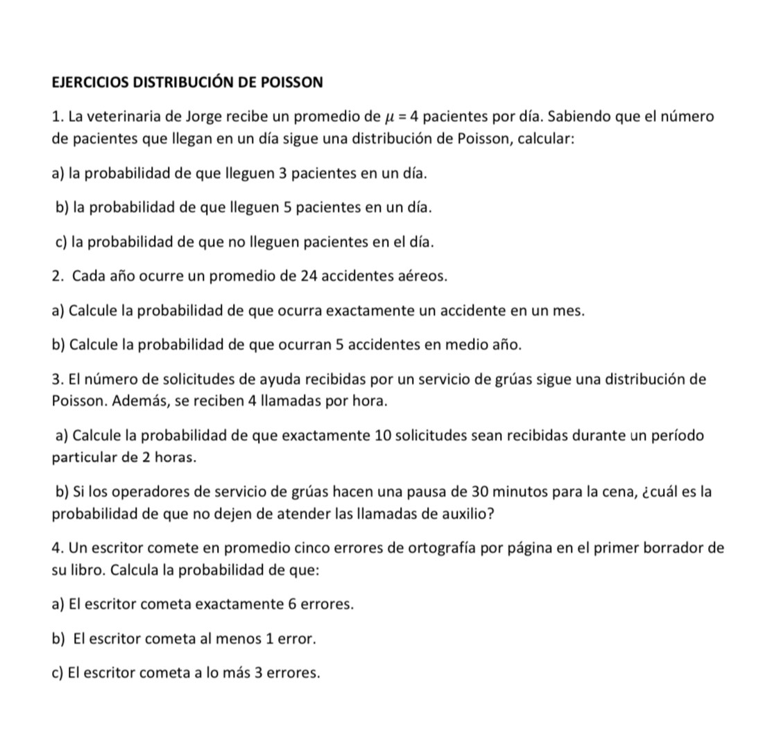 EJERCICIOS DISTRIBUCIÓN DE POISSON 
1. La veterinaria de Jorge recibe un promedio de mu =4 pacientes por día. Sabiendo que el número 
de pacientes que llegan en un día sigue una distribución de Poisson, calcular: 
a) la probabilidad de que lleguen 3 pacientes en un día. 
b) la probabilidad de que lleguen 5 pacientes en un día. 
c) la probabilidad de que no lleguen pacientes en el día. 
2. Cada año ocurre un promedio de 24 accidentes aéreos. 
a) Calcule la probabilidad de que ocurra exactamente un accidente en un mes. 
b) Calcule la probabilidad de que ocurran 5 accidentes en medio año. 
3. El número de solicitudes de ayuda recibidas por un servicio de grúas sigue una distribución de 
Poisson. Además, se reciben 4 llamadas por hora. 
a) Calcule la probabilidad de que exactamente 10 solicitudes sean recibidas durante un período 
particular de 2 horas. 
b) Si los operadores de servicio de grúas hacen una pausa de 30 minutos para la cena, ¿cuál es la 
probabilidad de que no dejen de atender las llamadas de auxilio? 
4. Un escritor comete en promedio cinco errores de ortografía por página en el primer borrador de 
su libro. Calcula la probabilidad de que: 
a) El escritor cometa exactamente 6 errores. 
b) El escritor cometa al menos 1 error. 
c) El escritor cometa a lo más 3 errores.