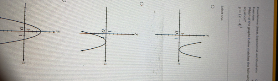 Foundations: Linear, Exponential, and Quadratic 。 
Functions: 
Which of the graphs below matches the followin 
equation?
y=(x-4)^2
Select one: