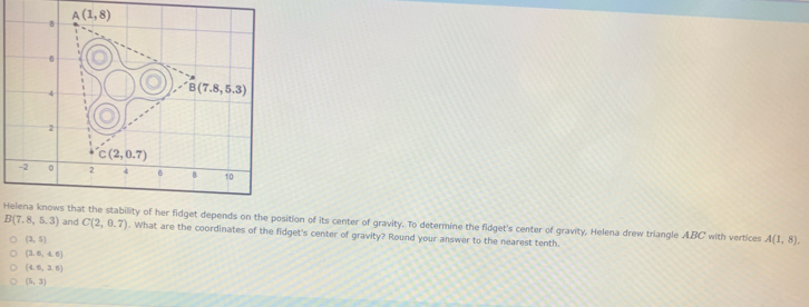 A(1,8)
8
4
B(7.8,5.3)
2
C(2,0.7)
-2 。 2 4 6 8 10
Helena knows that the stability of her fidget depends on the position of its center of gravity. To determine the fidget's center of gravity, Helena drew triangle ABC with vertices and C(2,0.7) A(1,8),
B(7.8,5.3). What are the coordinates of the fidget's center of gravity? Round your answer to the nearest tenth
(3,5)
(3.6,4.6)
(4,6,3,6)
(5,3)