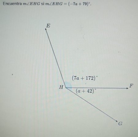 Encuentra m∠ EHG si m∠ EHG=(-7a+79)^circ .