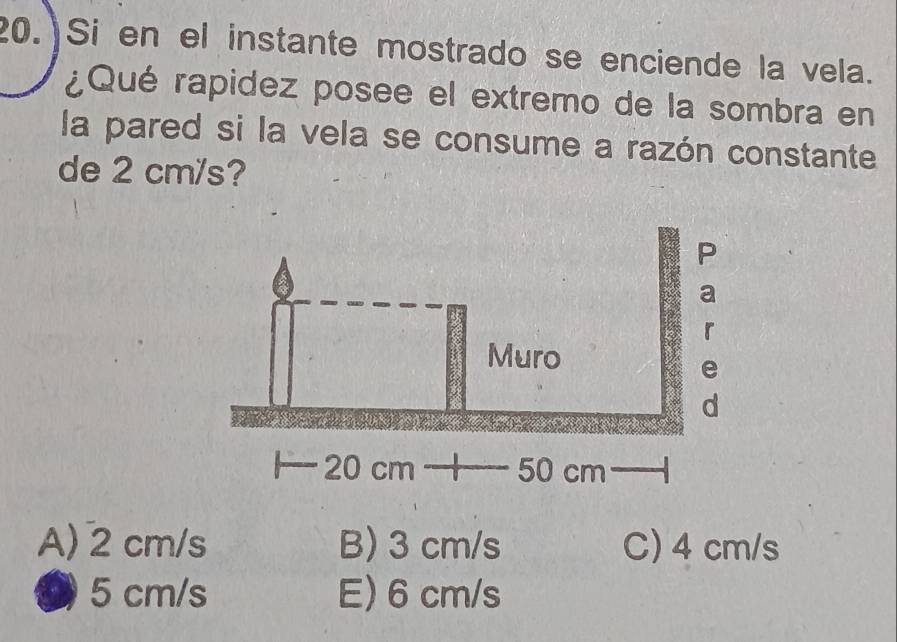 Si en el instante mostrado se enciende la vela.
¿Qué rapidez posee el extremo de la sombra en
la pared si la vela se consume a razón constante
de 2 cm/s?
A) 2 cm/s B) 3 cm/s C) 4 cm/s
5 cm/s E) 6 cm/s