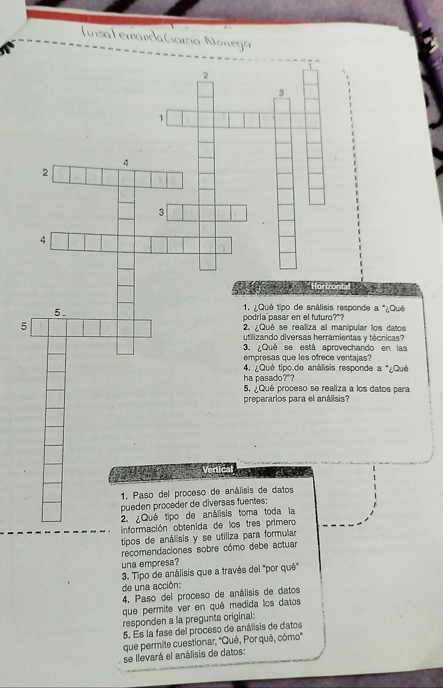 LuisaLernancaCiarcía Nonega
1
2
3
1
4
2
3
4
Harizor 
5. 
1. ¿Qué tipo de análisis responde a "¿Qué 
podria pasar en el futuro?"? 
5 2. ¿Qué se realiza al manipular los datos 
utilizando diversas herramientas y técnicas? 
3. ¿Qué se está aprovechando en las 
empresas que les ofrece ventajas? 
4. ¿Qué tipo.de análisis responde a “¿Qué 
ha pasado?"? 
5. ¿Qué proceso se realiza a los datos para 
prepararlos para el análisis? 
1. Paso del proceso de análisis de datos 
pueden proceder de diversas fuentes: 
2. ¿Qué tipo de análisis toma toda la 
información obtenida de los tres primero 
tipos de análisis y se utiliza para formular 
recomendaciones sobre cómo debe actuar 
una empresa? 
3. Tipo de análisis que a través del “por qué” 
de una acción: 
4. Paso del proceso de análisis de datos 
que permite ver en qué medida los datos 
responden a la pregunta original: 
5. Es la fase del proceso de análisis de datos 
que permite cuestionar, “Qué, Por qué, cómo” 
se llevará el análisis de datos: