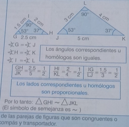 ∠ G=∠
∠ H=∠ K Los ángulos correspondientes u
∠ I=∠ L homólogos son iguales.
 GH/JK = (2.5)/5 = 1/2   HI/KL = 2/4 = 1/2   IG/LJ = (1.5)/3 = 1/2 
Los lados correspondientes u homólogos
son proporcionales.
Por lo tanto: △ GHIsim △ JKL
(El símbolo de semejanza es ~ )
de las parejas de figuras que son congruentes o
compás y transportador.