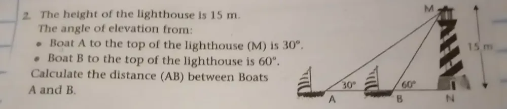 Solved: The height of the lighthouse is 15 m. M The angle of elevation ...