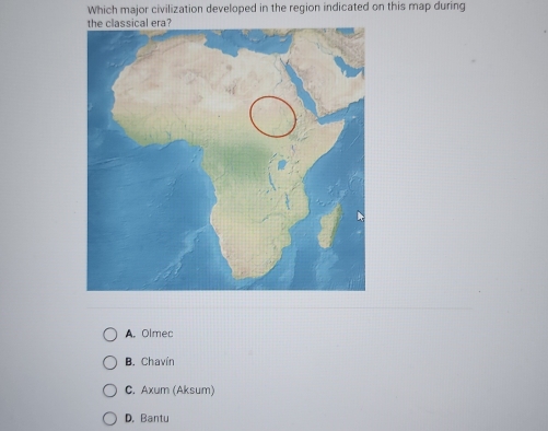 Solved: Which major civilization developed in the region indicated on ...