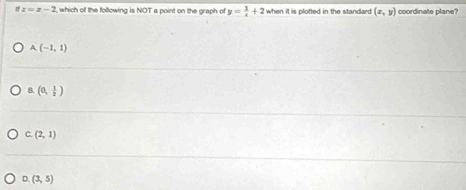 z=x-2 which of the following is NOT a point on the graph of y= 3/x +2 when it is plotted in the standard (x,y) coordinate plane?
A (-1,1)
B. (0, 1/2 )
C. (2,1)
D. (3,5)