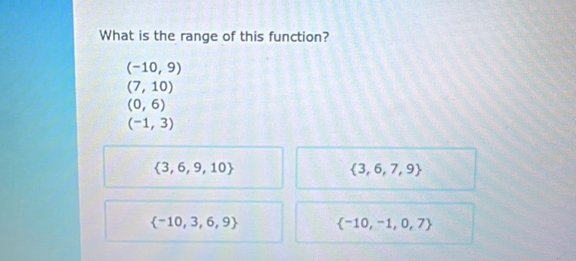 What is the range of this function?
(-10,9)
(7,10)
(0,6)
(-1,3)
 3,6,9,10
 3,6,7,9
 -10,3,6,9
 -10,-1,0,7