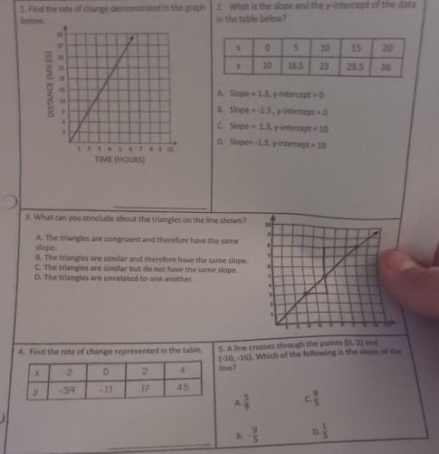 Find the rate of change demonstrated in the graph 2. What is the slope and the y-intercept of the data
below. in the table below?

A. Slope =1.3 , γ -intercep =0
B. Slope =-1.3 , y -intercep! =0
C. Slope =1.3 l, γ-intercept =10
D. Slope= -1.3
y intercear =10
TIME (HOURS)
_
3. What can you conclude about the triangles on the line shown?
A. The triangles are congruent and therefore have the same 
slope.
B. The triangies are similar and therefore have the same slope.
C. The triangles are similar but do not have the same slope.
D. The triangles are unrelated to one another. 
4. Find the rate of change represented in the table. 5. A line crosses through the points (0,2) and
(-10,-16). Which of the following is the slope of the
line?
A  5/9  C.  9/5 
_
B. - 9/5  D.  1/3 
