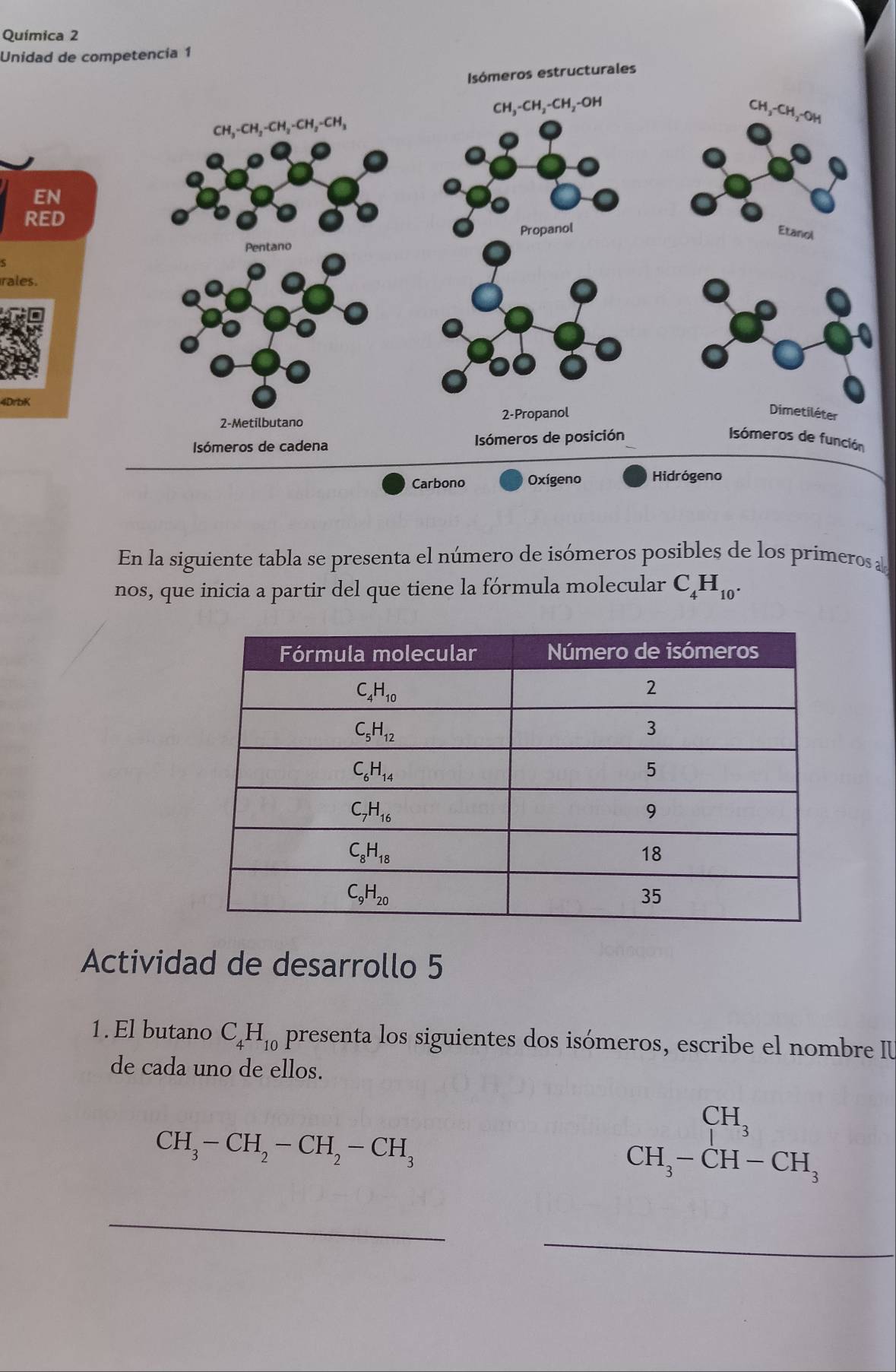 Química 2
Unidad de competencia 1
EN
RED
rales.
4DrbK
Carbono Oxígeno Hidrógeno
En la siguiente tabla se presenta el número de isómeros posibles de los primeros a
nos, que inicia a partir del que tiene la fórmula molecular C_4H_10.
Actividad de desarrollo 5
1. El butano C_4H_10 presenta los siguientes dos isómeros, escribe el nombre I
de cada uno de ellos.
CH_3-CH_2-CH_2-CH_3
CH_3-CH-CH_3
_
_