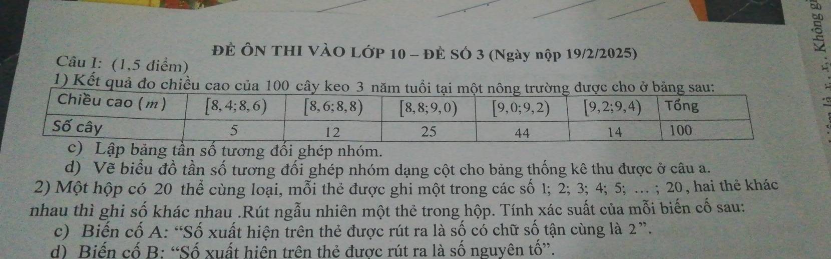 ĐÊ ÔN THI VÀO LỚP 10 - ĐÈ SÓ 3 (Ngày nộp 19/2/2025)
Câu I: (1,5 điểm)
1) Kết quả đo chiều cao của 100 cây keo 3
số tương đối ghép nhóm.
d) Vẽ biểu đồ tần số tương đối ghép nhóm dạng cột cho bảng thống kê thu được ở câu a.
2) Một hộp có 20 thể cùng loại, mỗi thẻ được ghi một trong các số 1; 2; 3; 4; 5; … ; 20, hai thẻ khác
nhau thì ghi số khác nhau .Rút ngẫu nhiên một thẻ trong hộp. Tính xác suất của mỗi biến cố sau:
c) Biến cố A: “Số xuất hiện trên thẻ được rút ra là số có chữ số tận cùng là 2”.
d) Biến cố B: “Số xuất hiện trên thẻ được rút ra là số nguyên tố”.