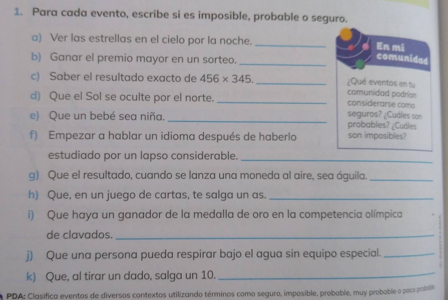 Para cada evento, escribe si es imposible, probable o seguro. 
a) Ver las estrellas en el cielo por la noche._ 
En mi 
b) Ganar el premio mayor en un sorteo._ 
comunidad 
c) Saber el resultado exacto de 456* 345. 
_¿Qué eventos en tu 
d) Que el Sol se oculte por el norte._ 
comunidad podrían 
considerarse como 
seguros? ¿Cuáles son 
e) Que un bebé sea niña. _probables? ¿Cuáles 
f) Empezar a hablar un idioma después de haberlo son imposibles? 
estudiado por un lapso considerable._ 
g) Que el resultado, cuando se lanza una moneda al aire, sea águila._ 
h) Que, en un juego de cartas, te salga un as._ 
i) Que haya un ganador de la medalla de oro en la competencia olímpica 
de clavados._ 
j) Que una persona pueda respirar bajo el agua sin equipo especial._ 
k) Que, al tirar un dado, salga un 10. 
_ 
PDA: Clasífica eventos de diversos contextos utilizando términos como seguro, imposible, probable, muy probable o paco probable