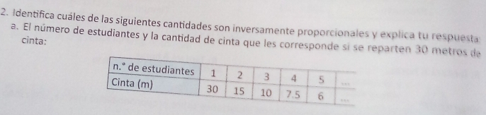 Identifica cuáles de las siguientes cantidades son inversamente proporcionales y explica tu respuestas 
a. El número de estudiantes y la cantidad de cinta que les corresponde si se reparten 30 metros de cinta: